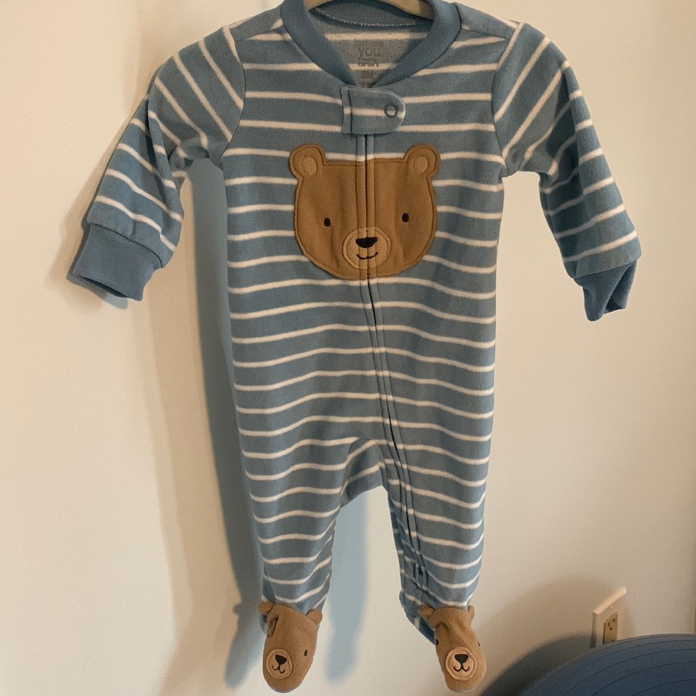 Carter’s just one you 3M bear and blue stripe footie one piece pajamas